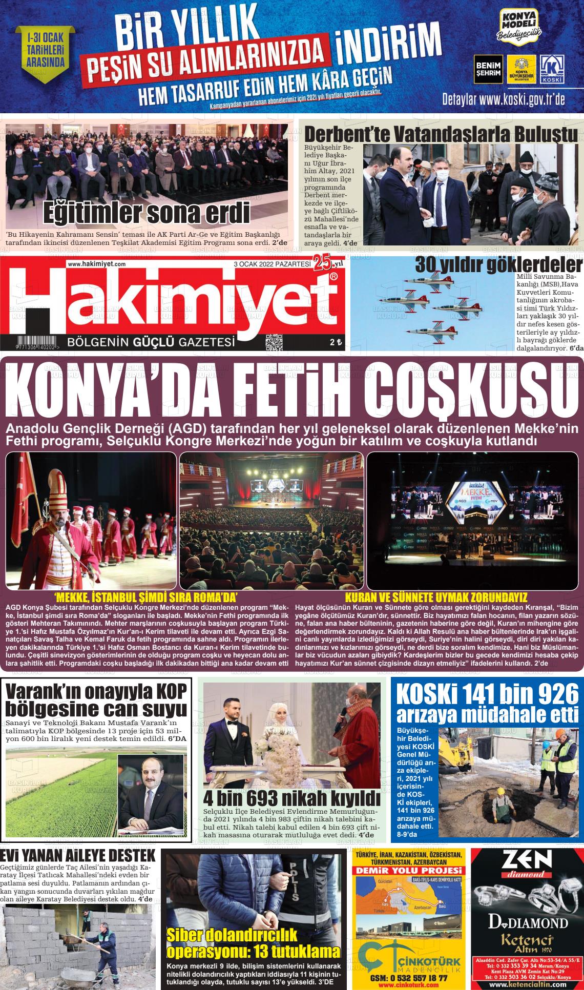 03 Ocak 2022 Konya Hakimiyet Gazete Manşeti