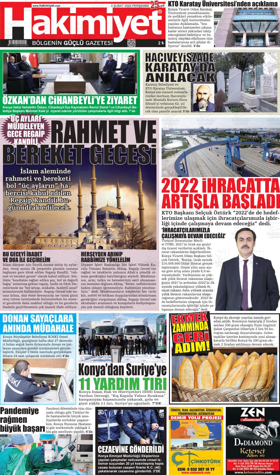 03 Şubat 2022 Konya Hakimiyet Gazete Manşeti