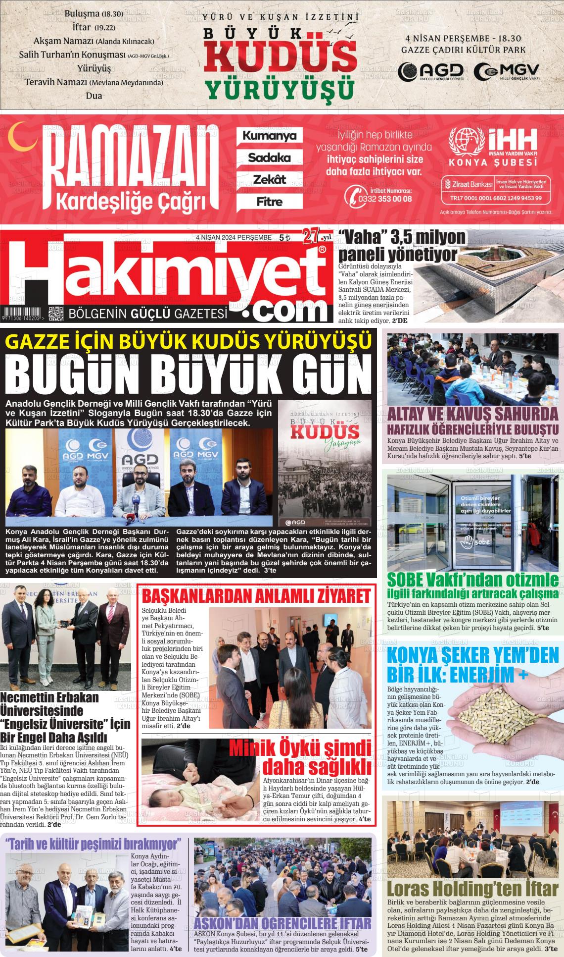 04 Nisan 2024 Konya Hakimiyet Gazete Manşeti