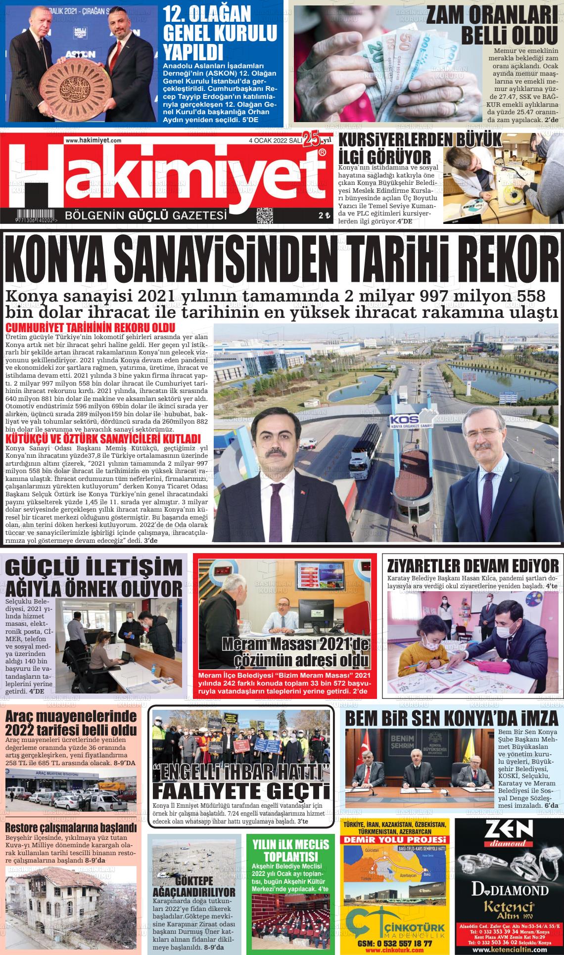 04 Ocak 2022 Konya Hakimiyet Gazete Manşeti