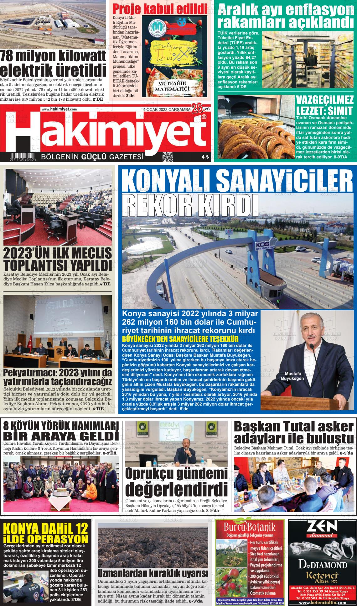 04 Ocak 2023 Konya Hakimiyet Gazete Manşeti