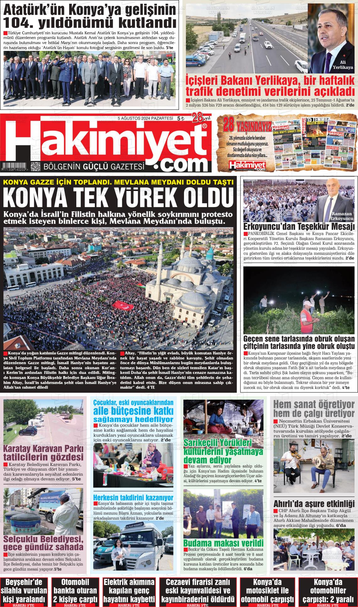 05 Ağustos 2024 Konya Hakimiyet Gazete Manşeti