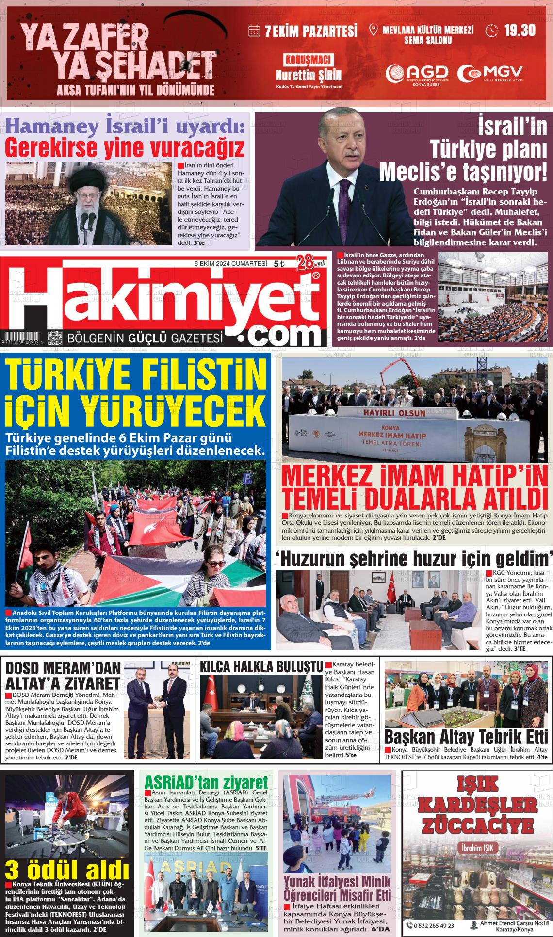 05 Ekim 2024 Konya Hakimiyet Gazete Manşeti