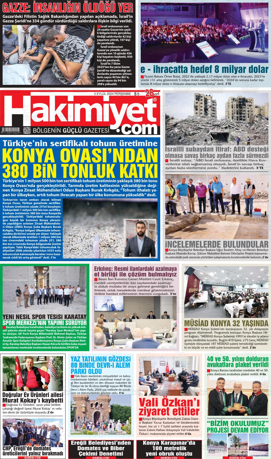 05 Eylül 2024 Konya Hakimiyet Gazete Manşeti