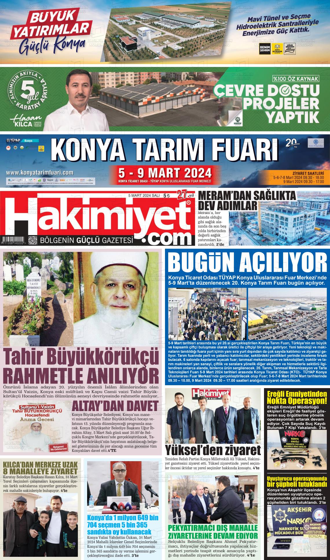 06 Mart 2024 Konya Hakimiyet Gazete Manşeti