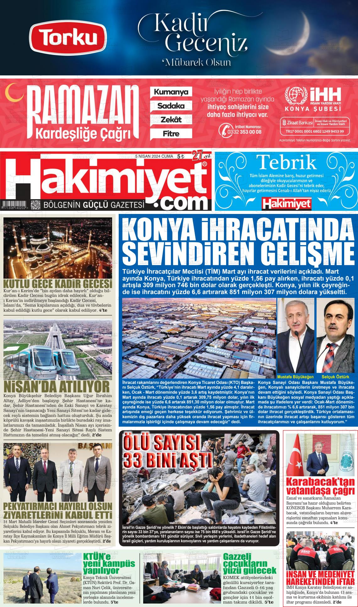 05 Nisan 2024 Konya Hakimiyet Gazete Manşeti