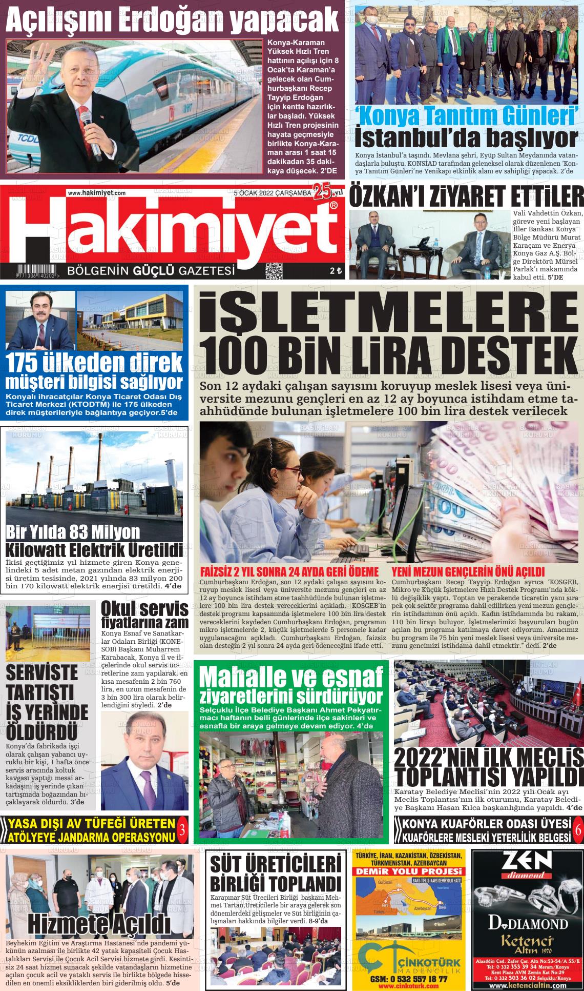 05 Ocak 2022 Konya Hakimiyet Gazete Manşeti