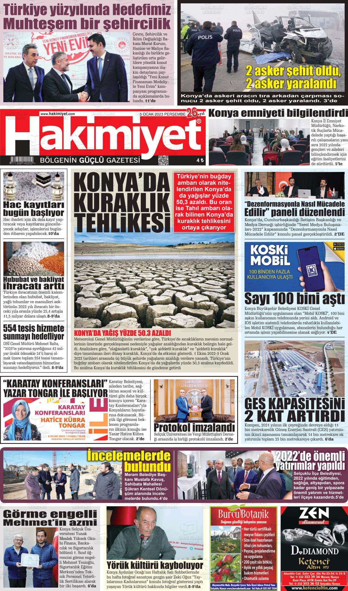 05 Ocak 2023 Konya Hakimiyet Gazete Manşeti