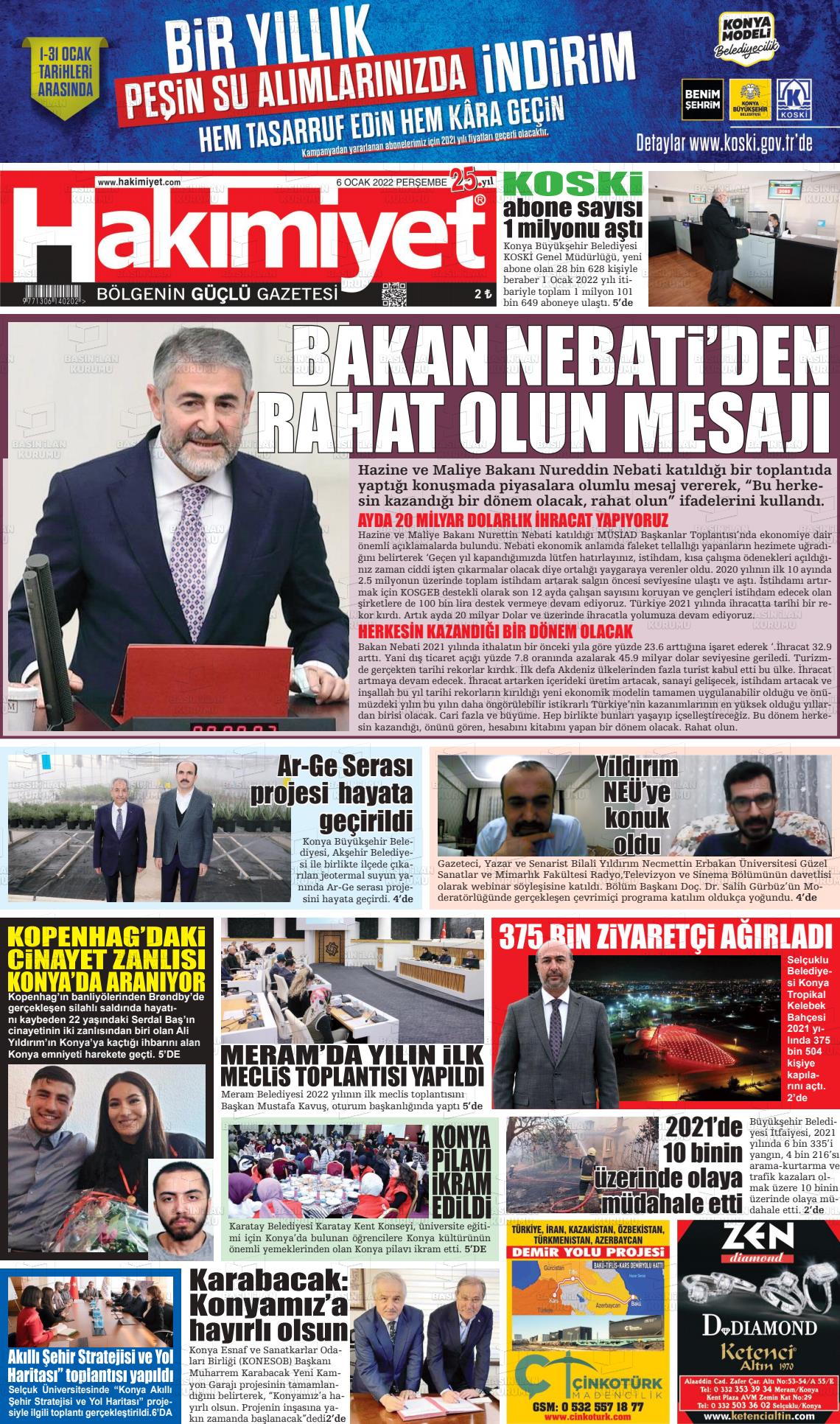 06 Ocak 2022 Konya Hakimiyet Gazete Manşeti