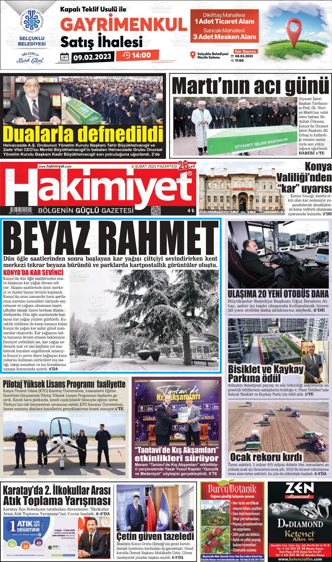 06 Şubat 2023 Konya Hakimiyet Gazete Manşeti