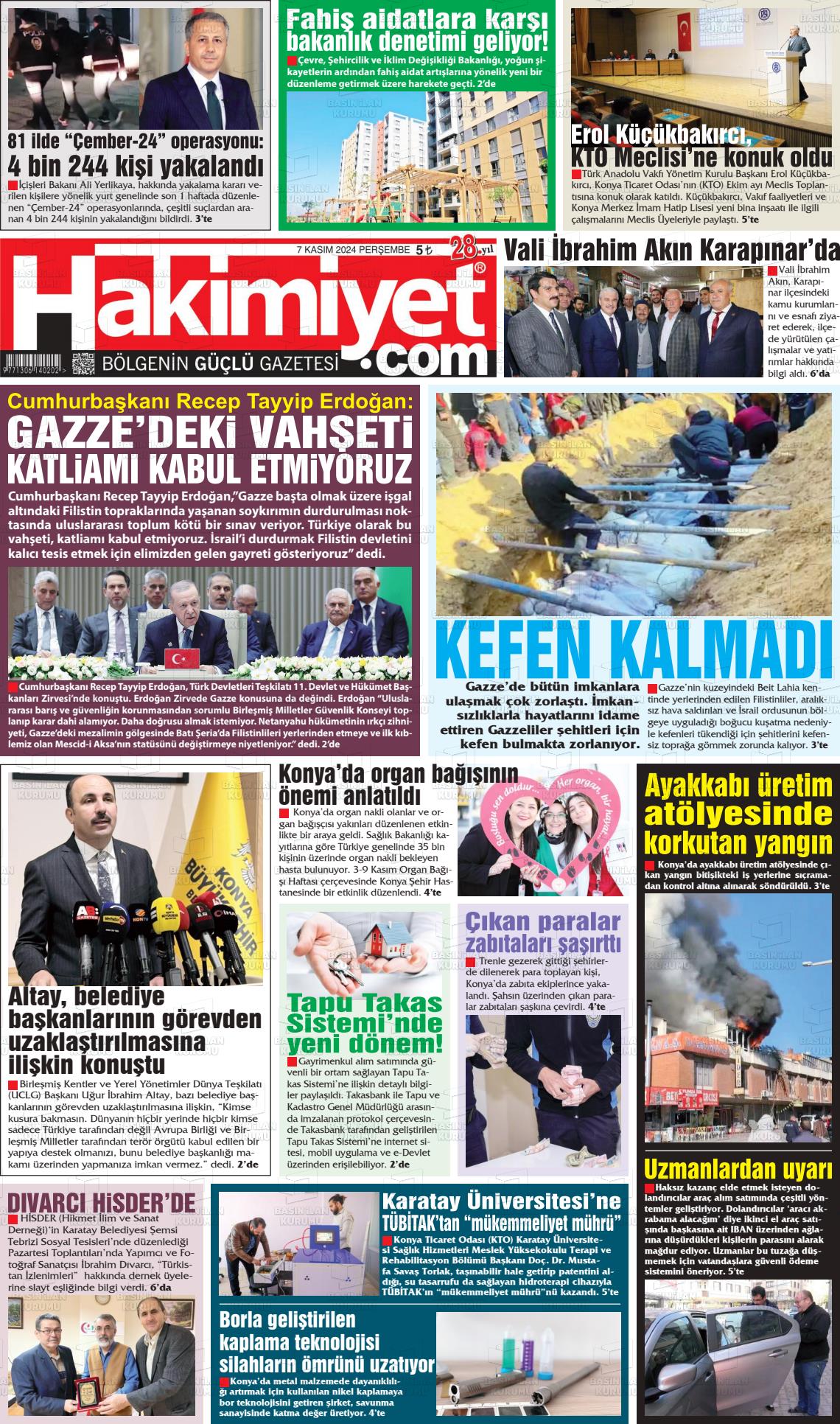 07 Kasım 2024 Konya Hakimiyet Gazete Manşeti