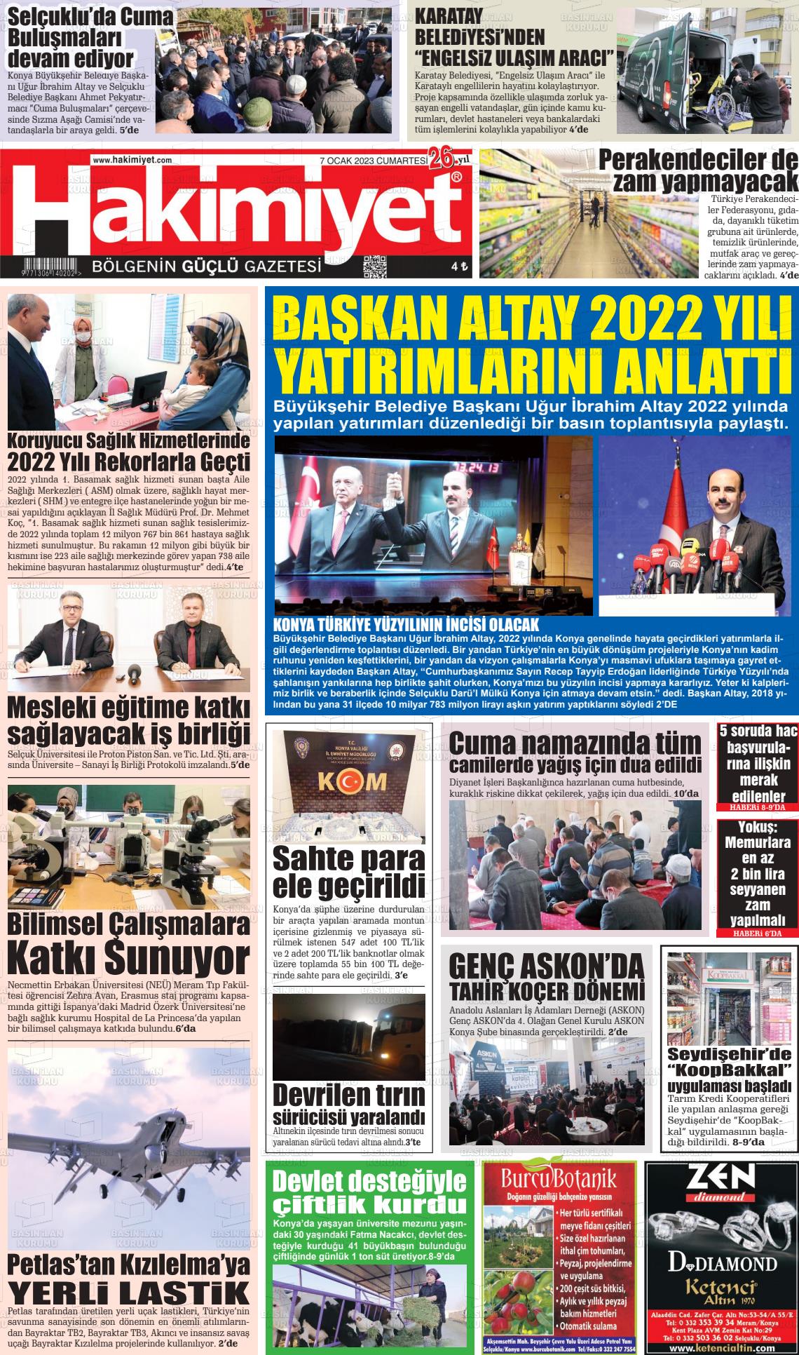 07 Ocak 2023 Konya Hakimiyet Gazete Manşeti