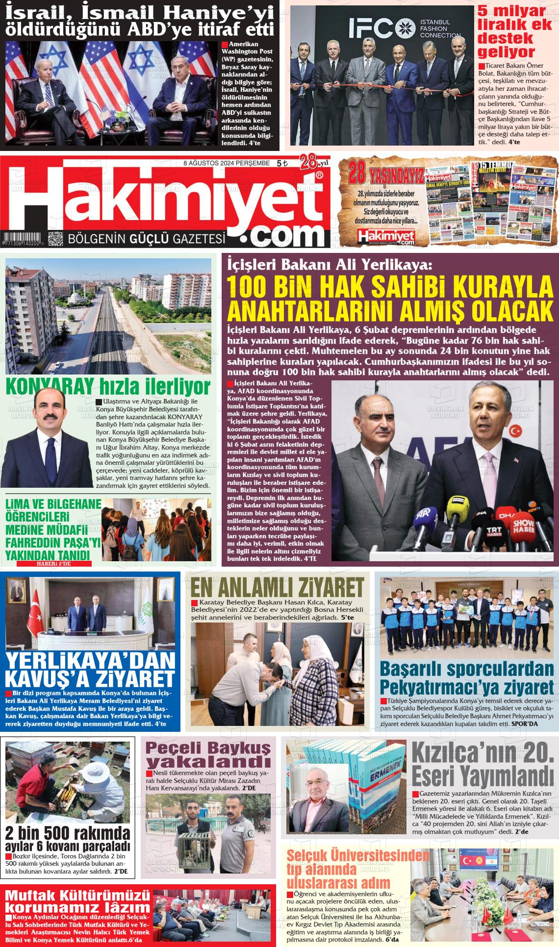 08 Ağustos 2024 Konya Hakimiyet Gazete Manşeti