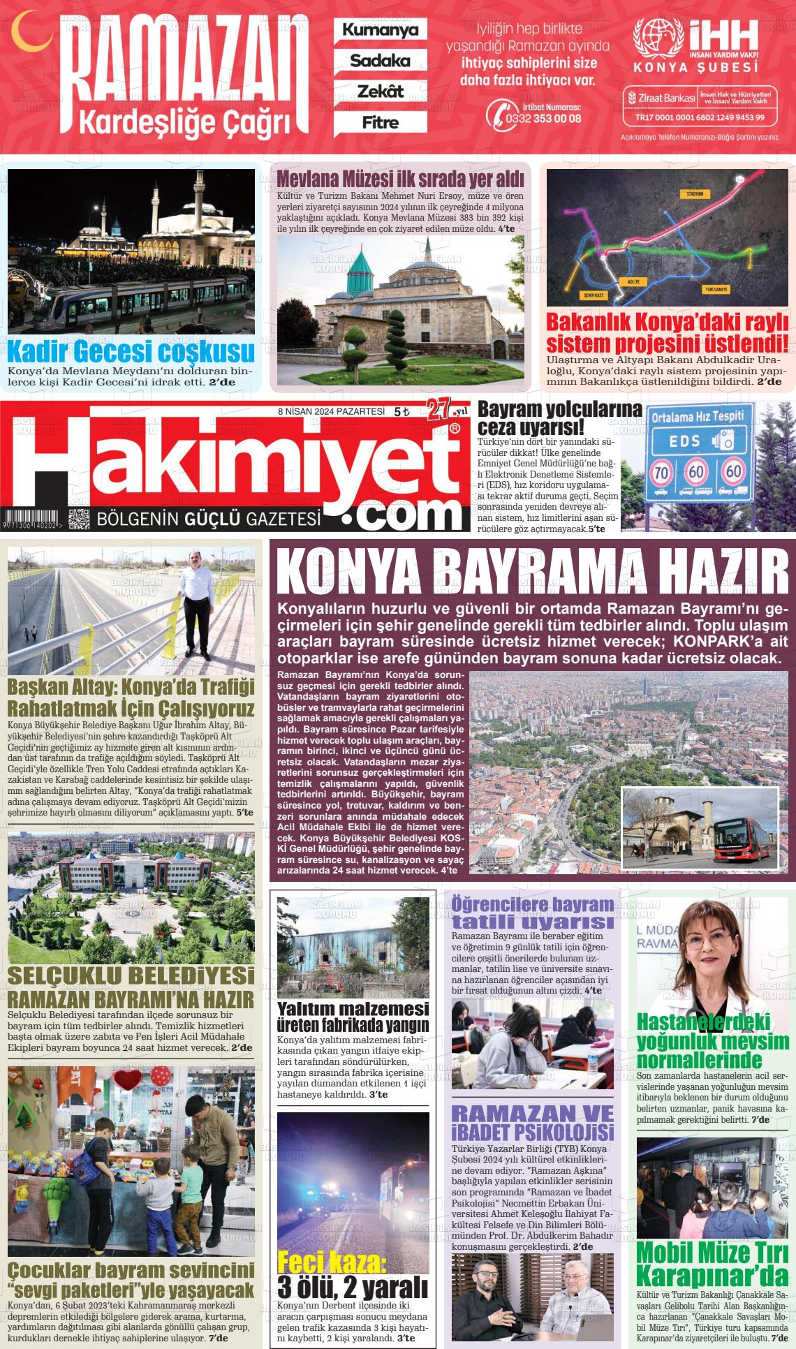 08 Nisan 2024 Konya Hakimiyet Gazete Manşeti