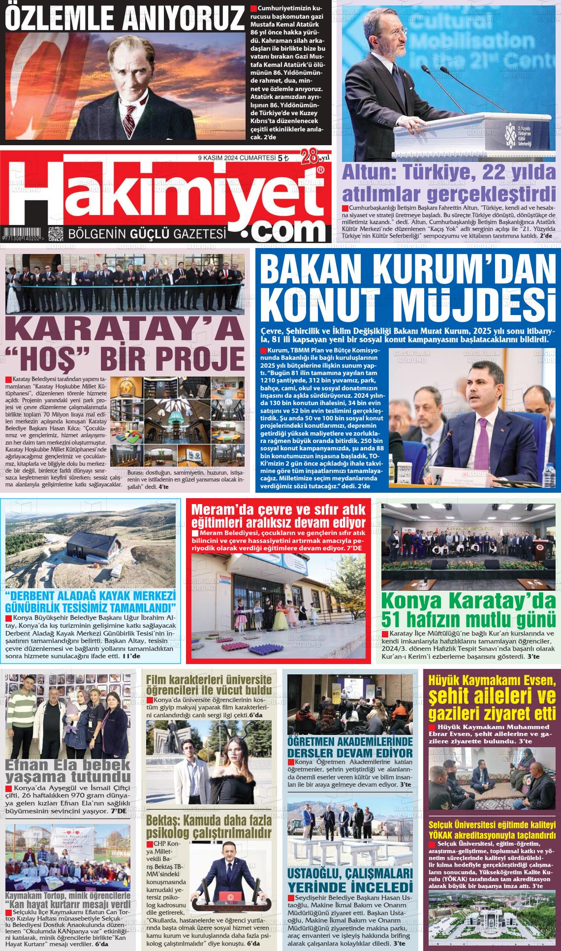 09 Kasım 2024 Konya Hakimiyet Gazete Manşeti