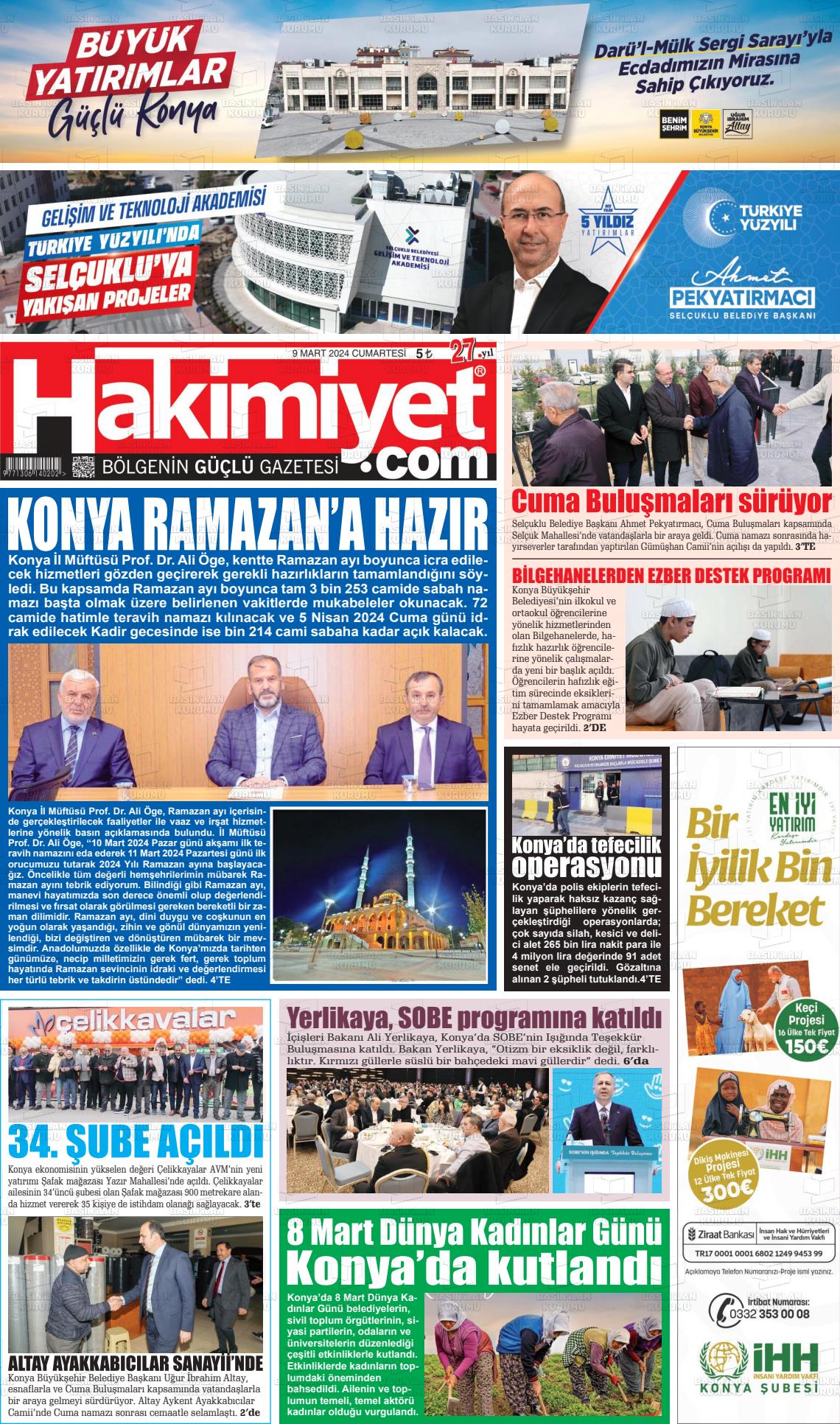 09 Mart 2024 Konya Hakimiyet Gazete Manşeti