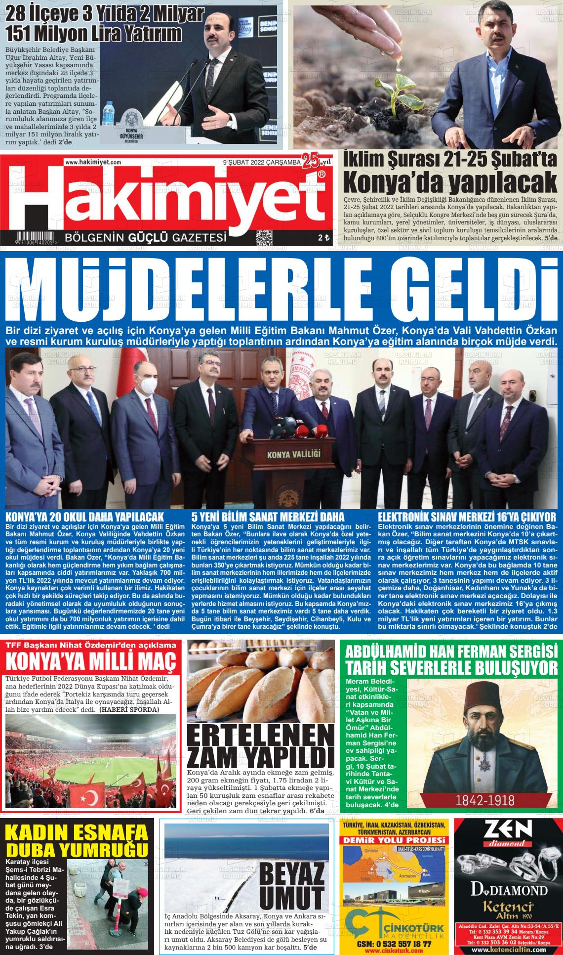 09 Nisan 2022 Konya Hakimiyet Gazete Manşeti