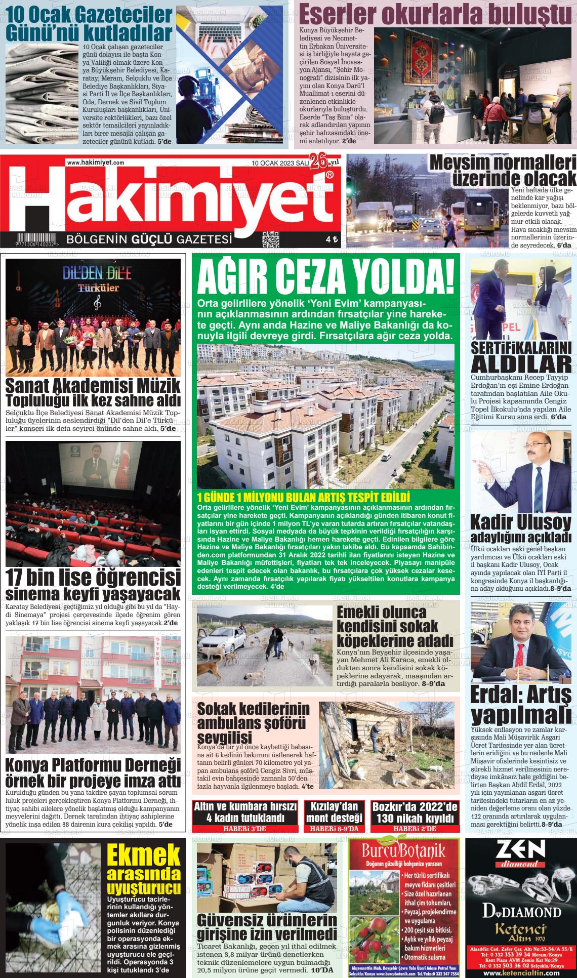 11 Ocak 2023 Konya Hakimiyet Gazete Manşeti