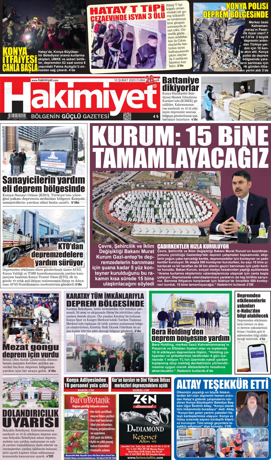 10 Nisan 2023 Konya Hakimiyet Gazete Manşeti