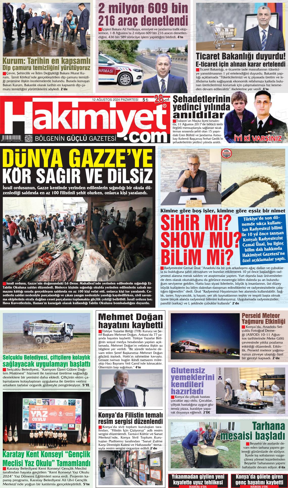 12 Ağustos 2024 Konya Hakimiyet Gazete Manşeti