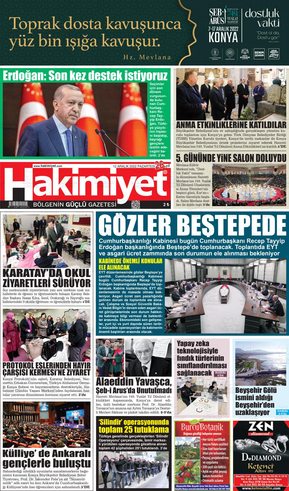 12 Aralık 2022 Konya Hakimiyet Gazete Manşeti