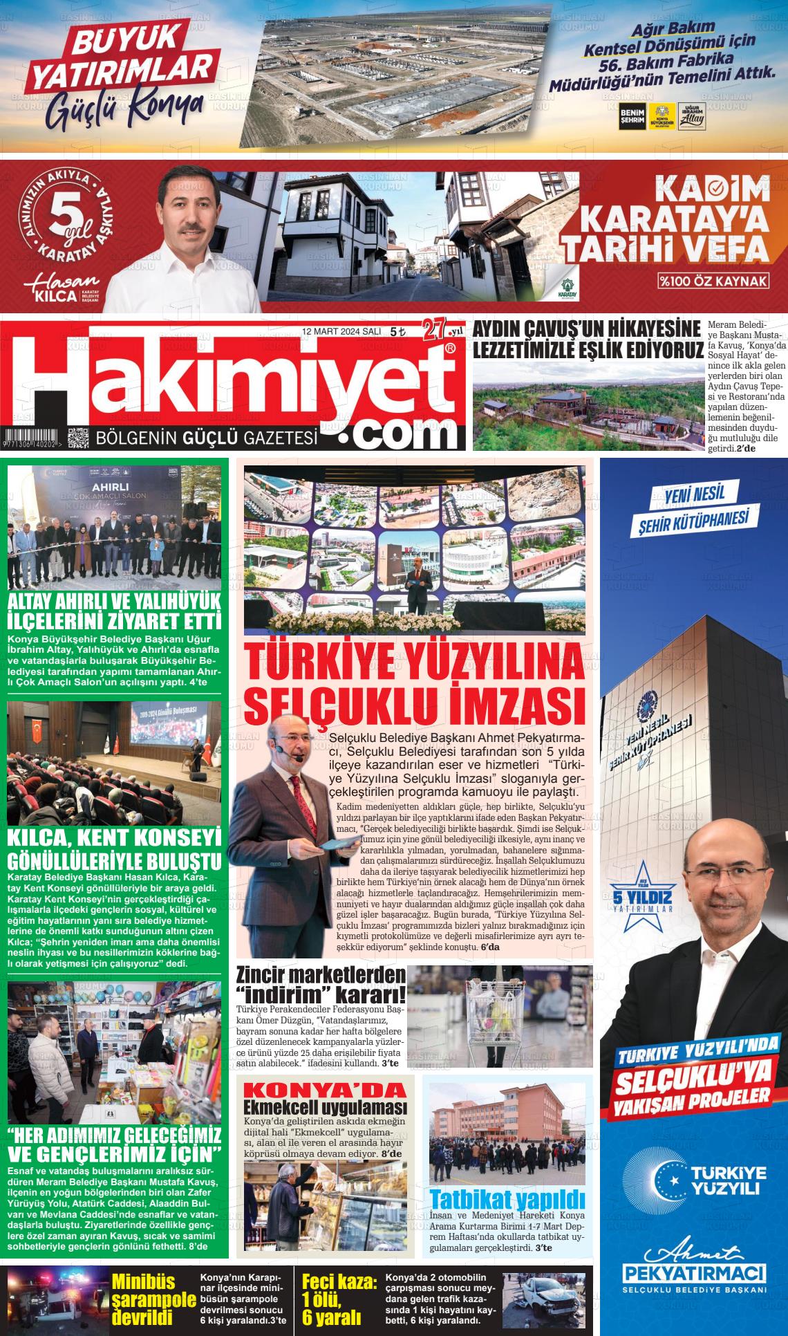 12 Mart 2024 Konya Hakimiyet Gazete Manşeti