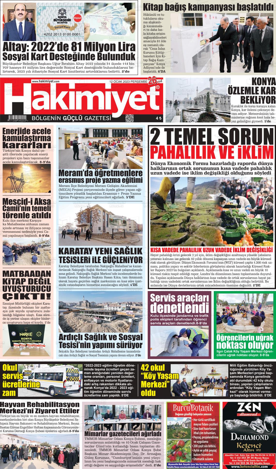 12 Ocak 2023 Konya Hakimiyet Gazete Manşeti