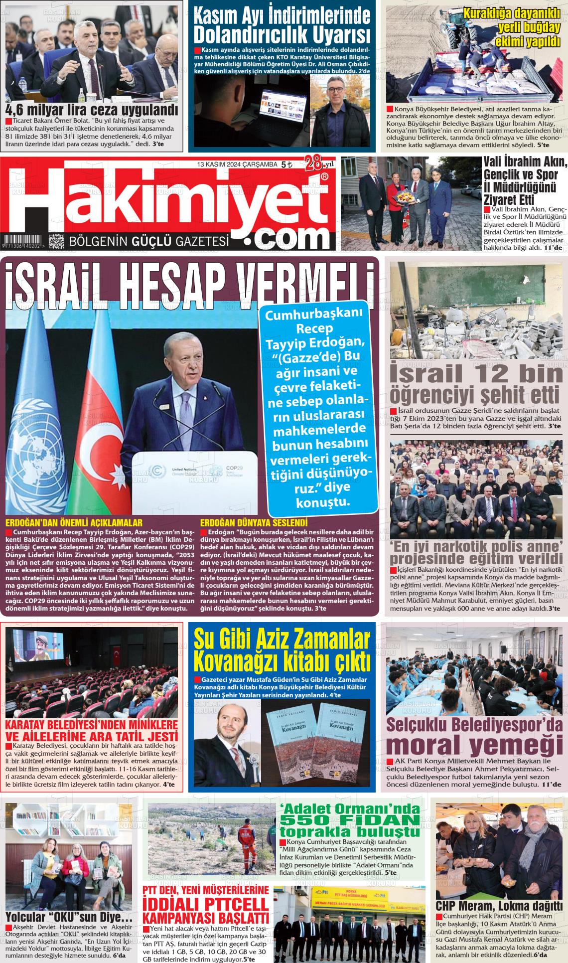 13 Kasım 2024 Konya Hakimiyet Gazete Manşeti