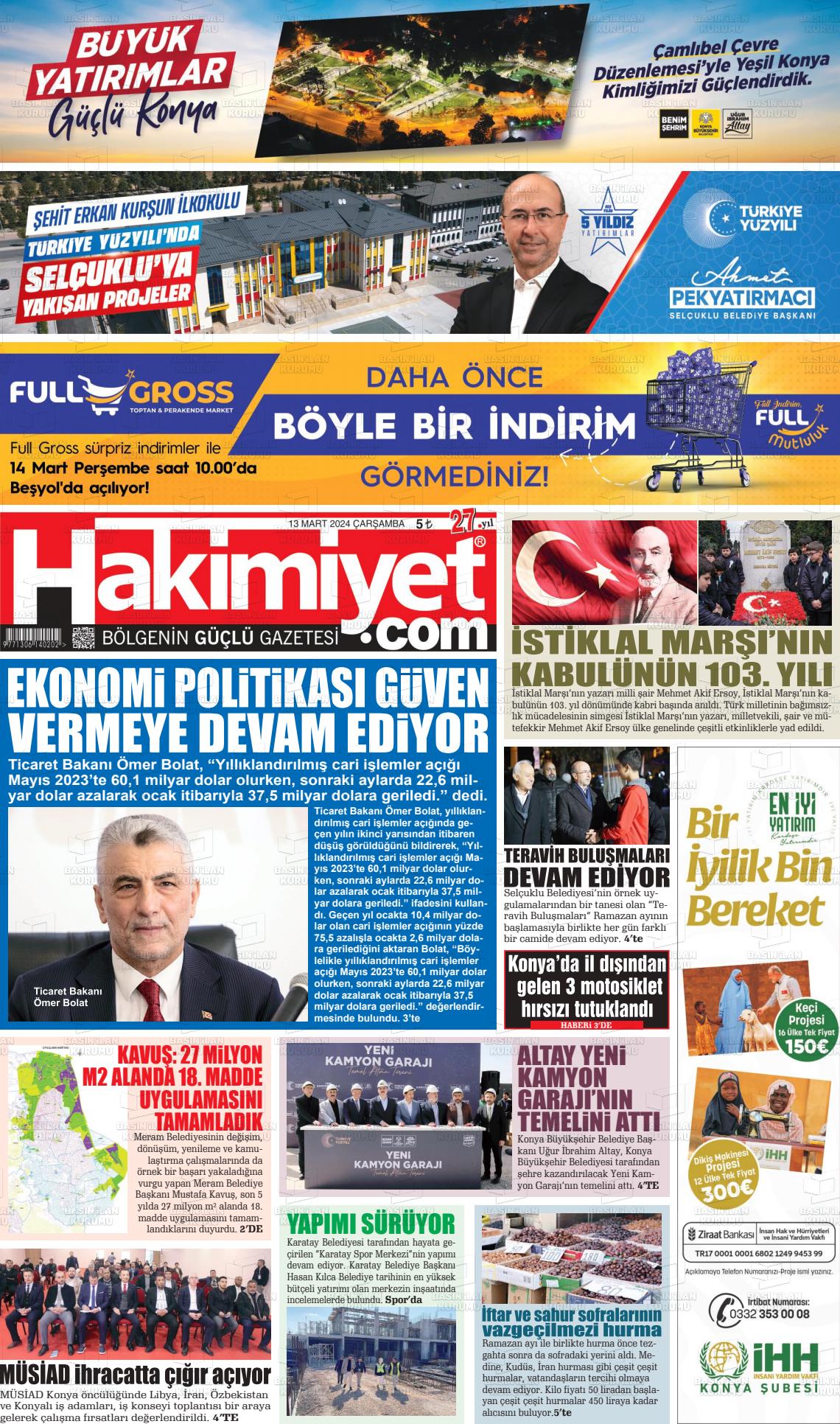 13 Mart 2024 Konya Hakimiyet Gazete Manşeti