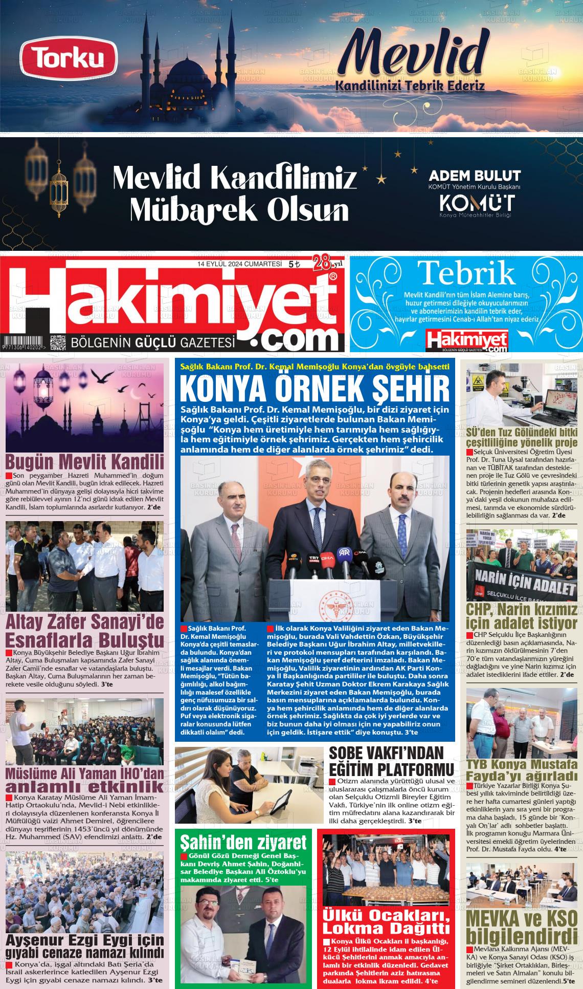 14 Eylül 2024 Konya Hakimiyet Gazete Manşeti