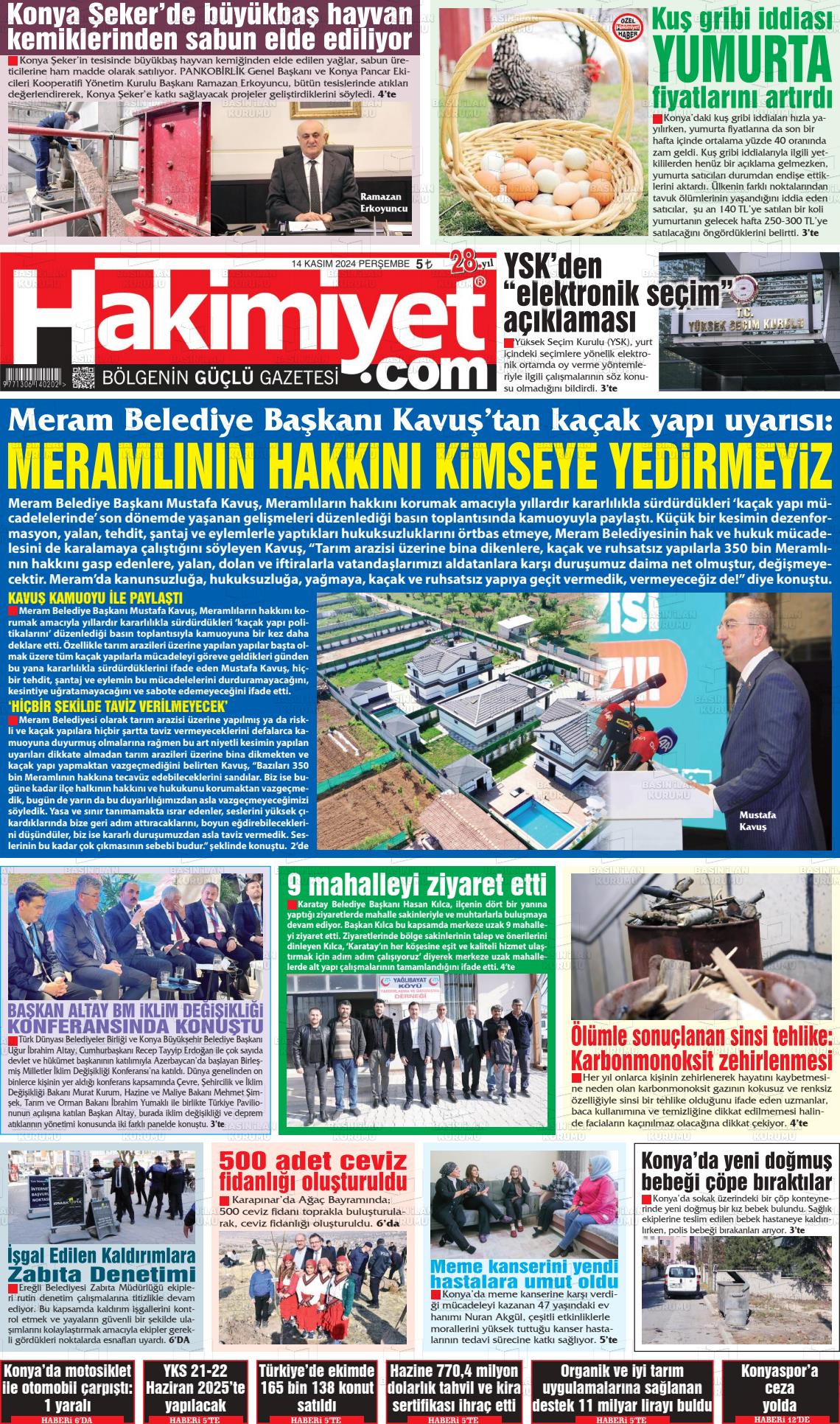 14 Kasım 2024 Konya Hakimiyet Gazete Manşeti