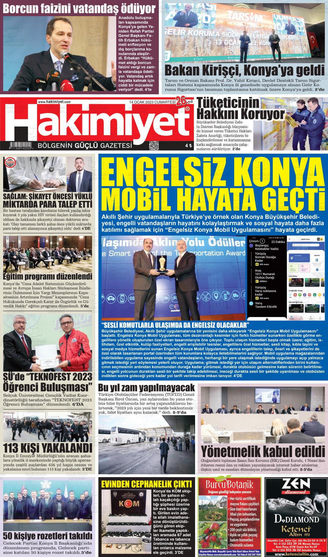 14 Ocak 2023 Konya Hakimiyet Gazete Manşeti