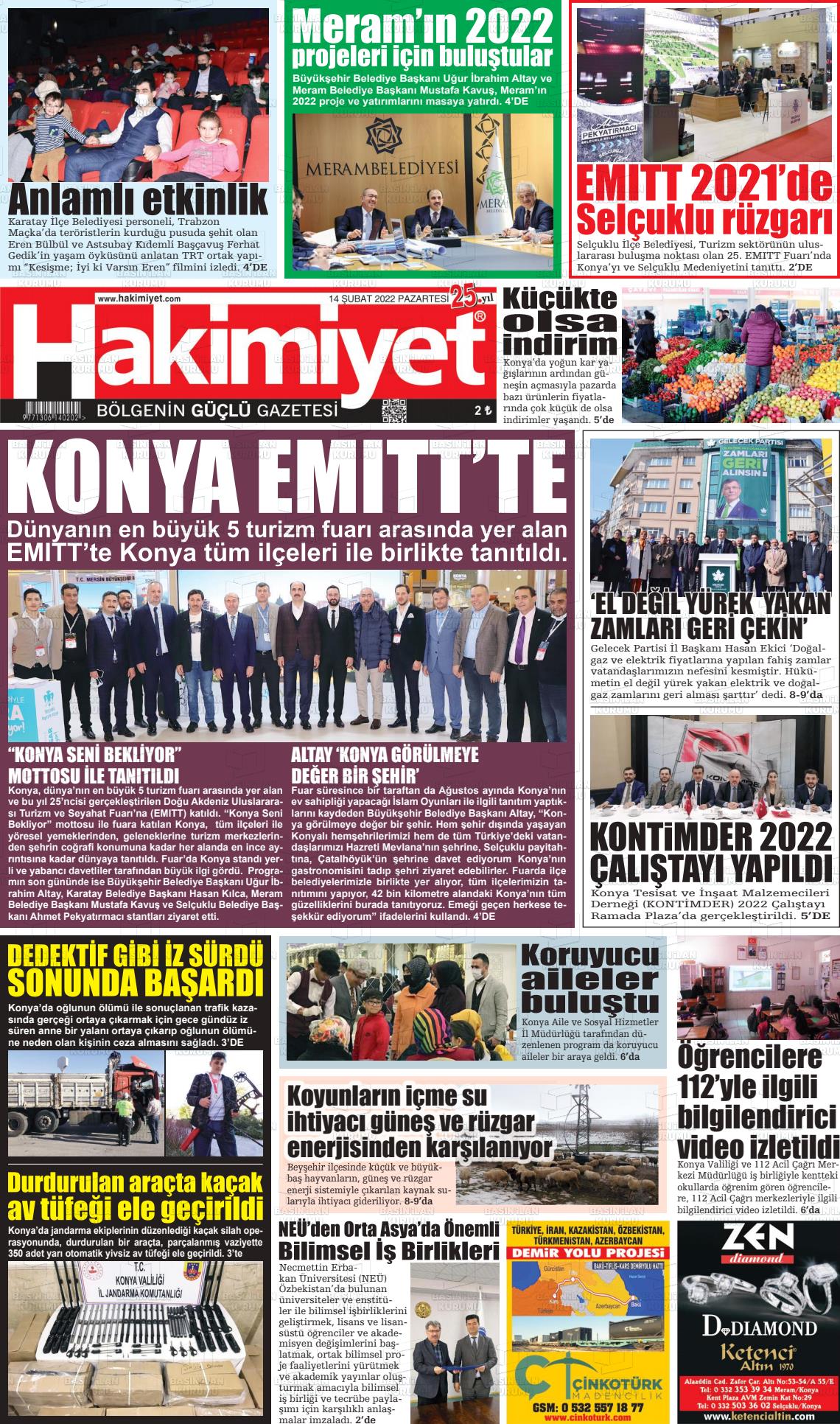 14 Nisan 2022 Konya Hakimiyet Gazete Manşeti