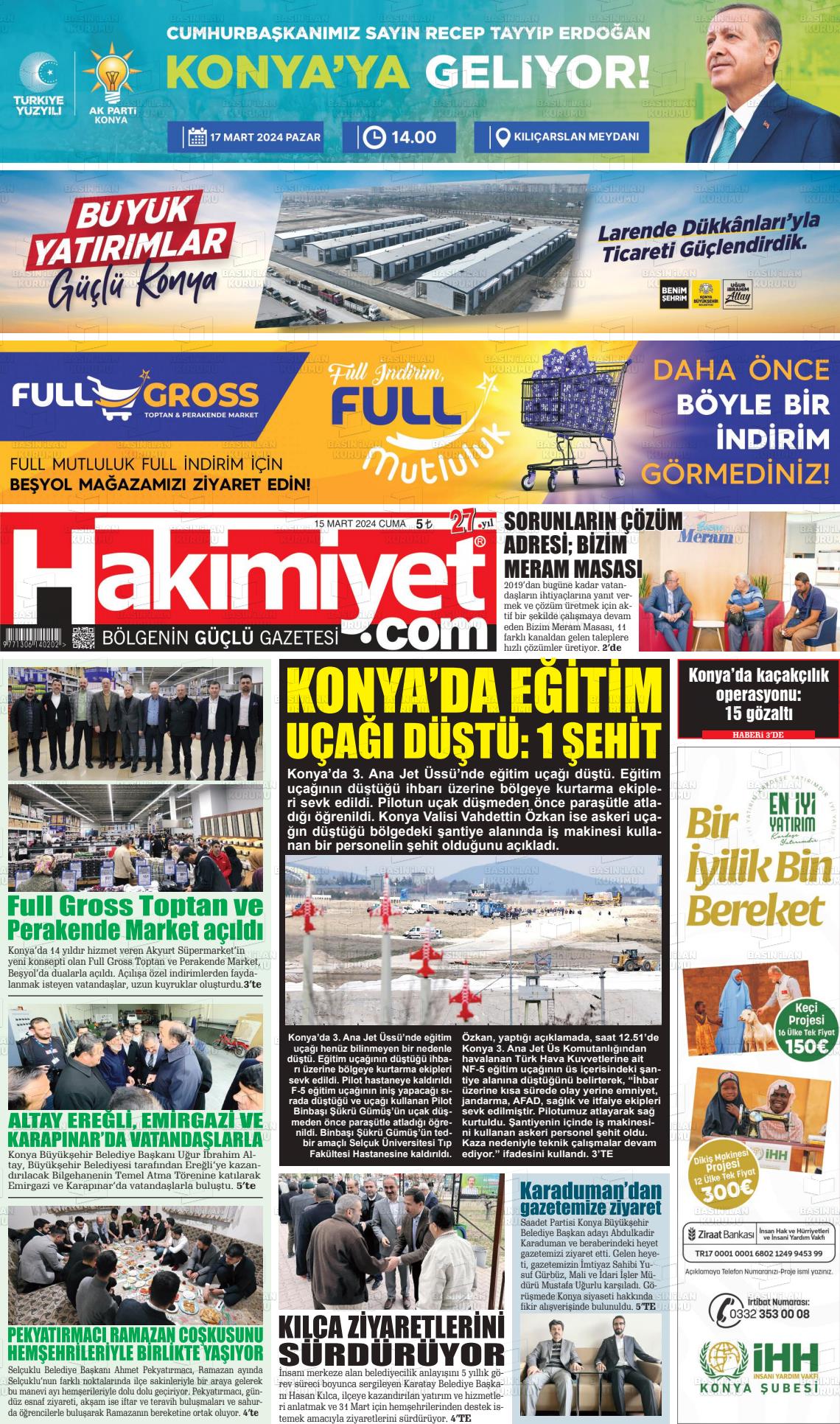 15 Mart 2024 Konya Hakimiyet Gazete Manşeti