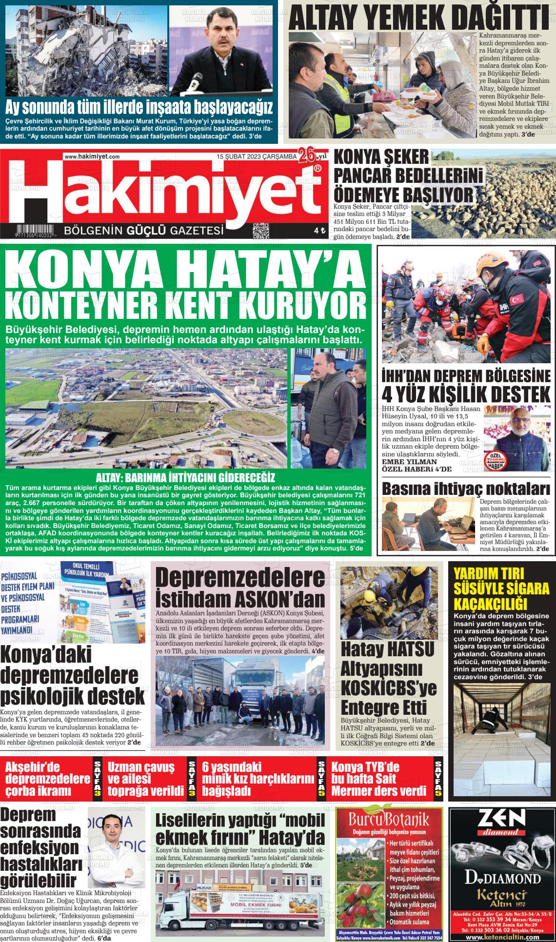 15 Nisan 2023 Konya Hakimiyet Gazete Manşeti