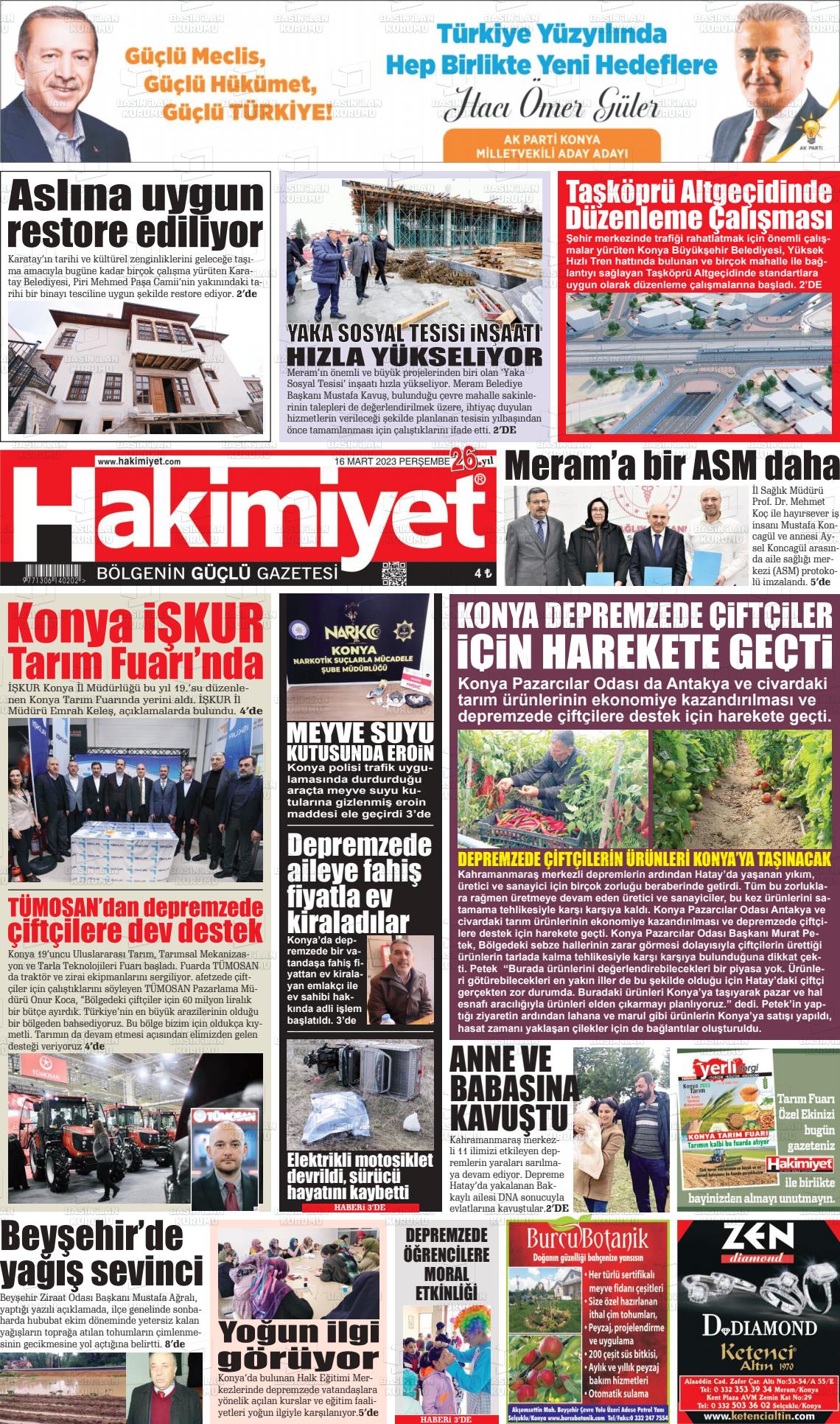 14 Mayıs 2023 Konya Hakimiyet Gazete Manşeti