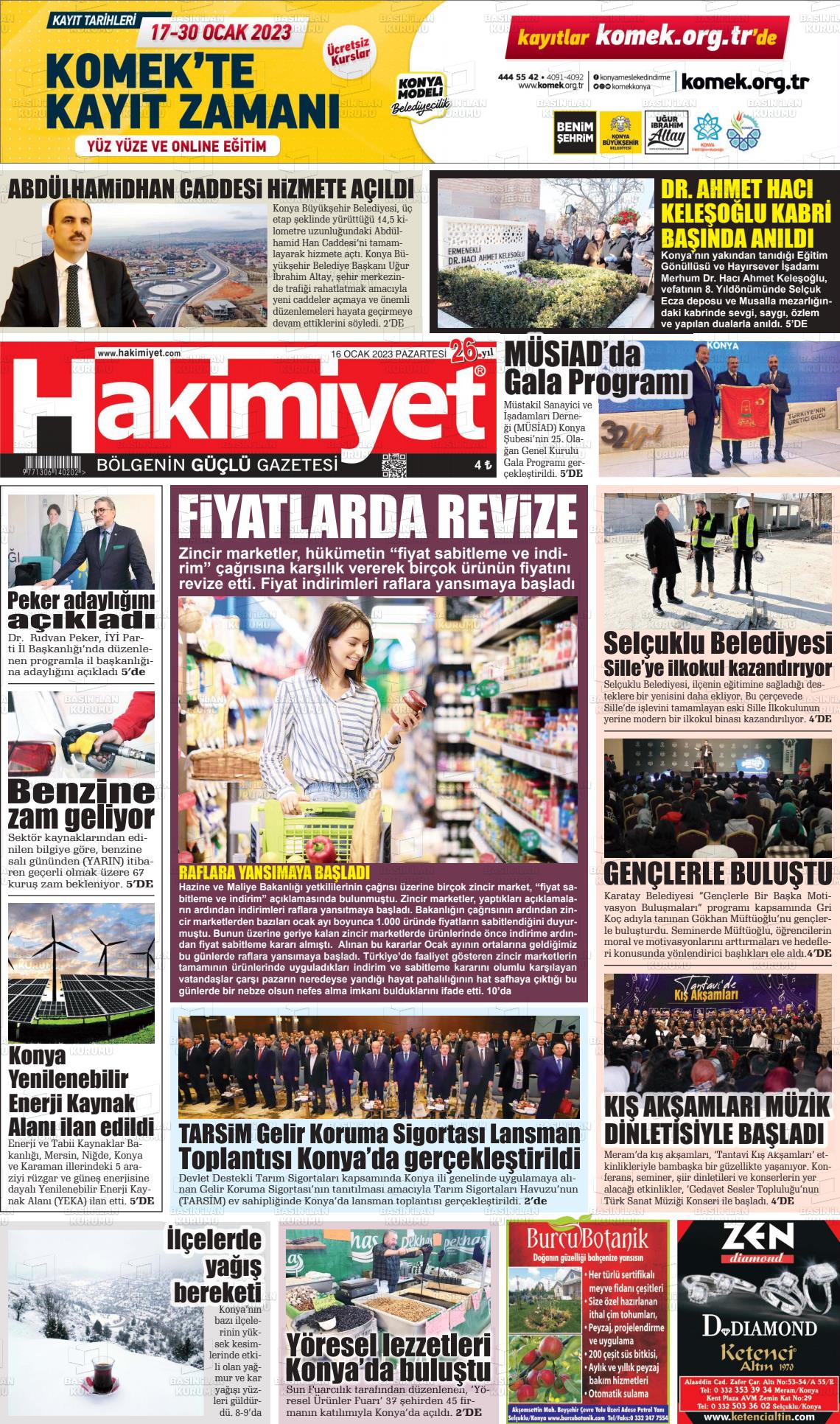 16 Ocak 2023 Konya Hakimiyet Gazete Manşeti