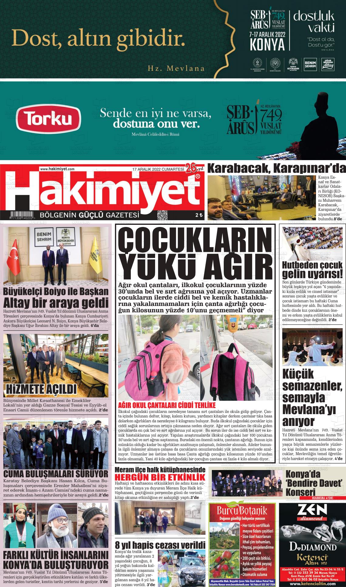 17 Aralık 2022 Konya Hakimiyet Gazete Manşeti