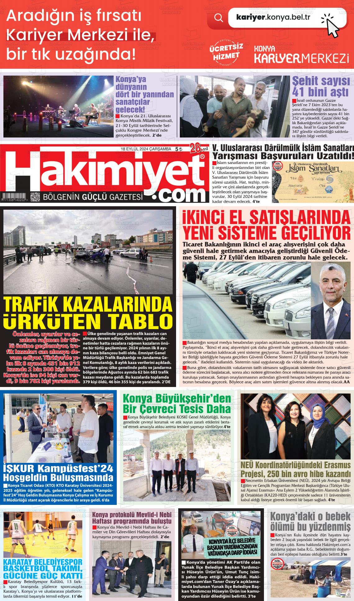 18 Eylül 2024 Konya Hakimiyet Gazete Manşeti