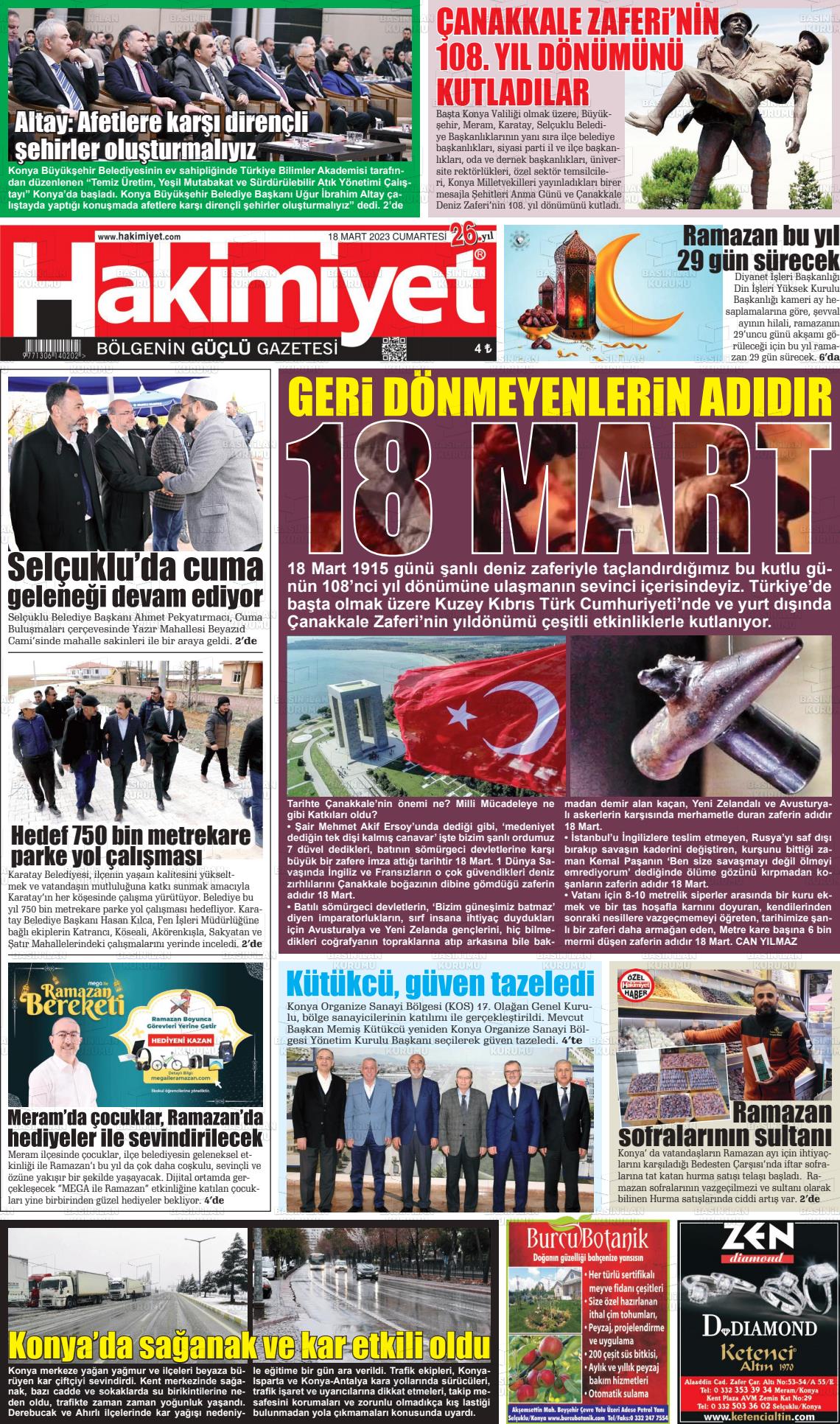 18 Mart 2023 Konya Hakimiyet Gazete Manşeti