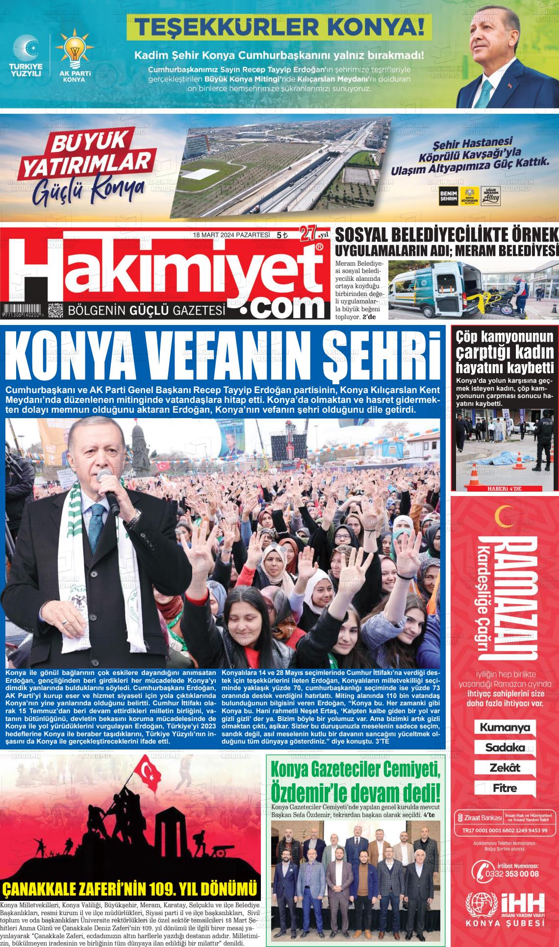 18 Mart 2024 Konya Hakimiyet Gazete Manşeti