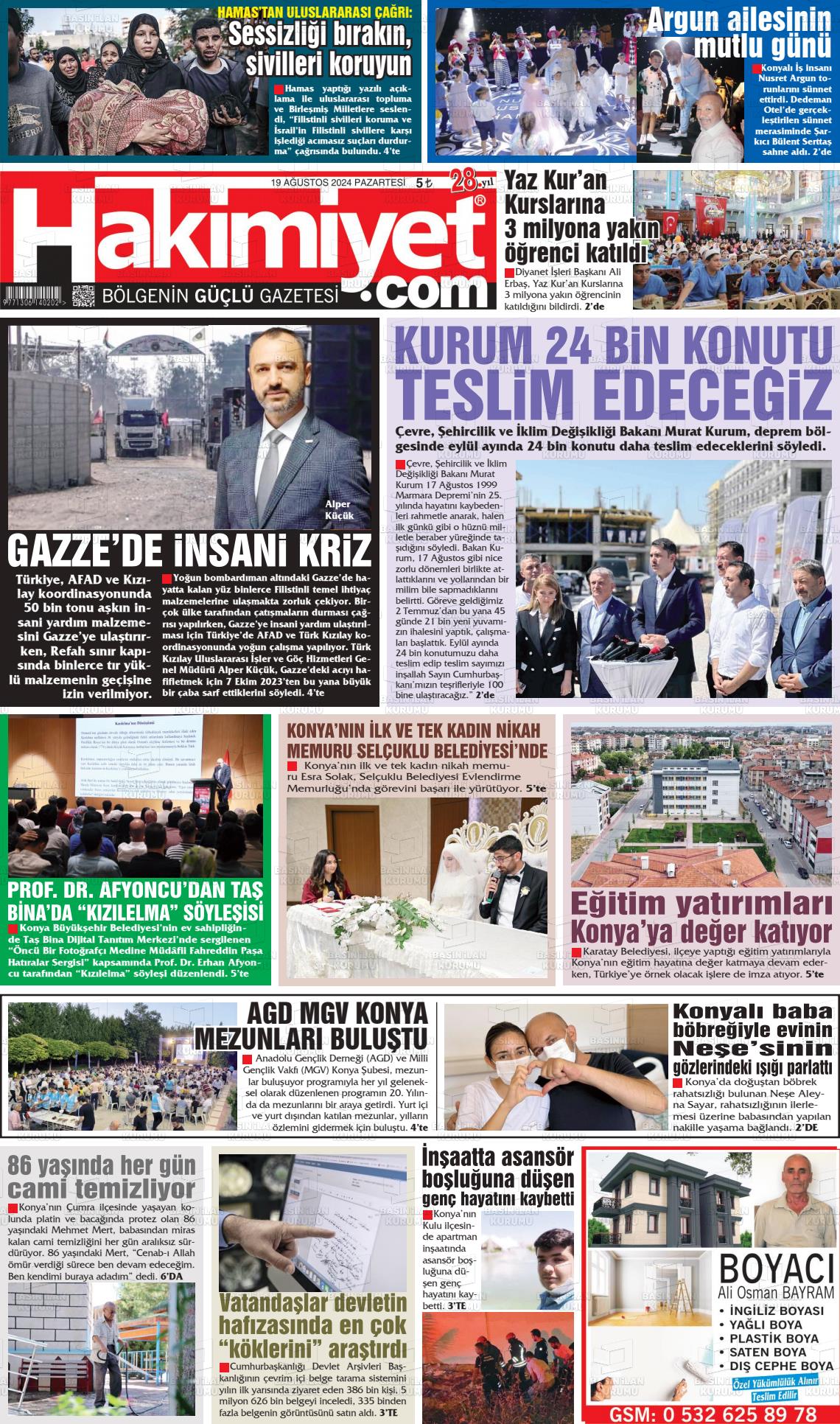 19 Ağustos 2024 Konya Hakimiyet Gazete Manşeti