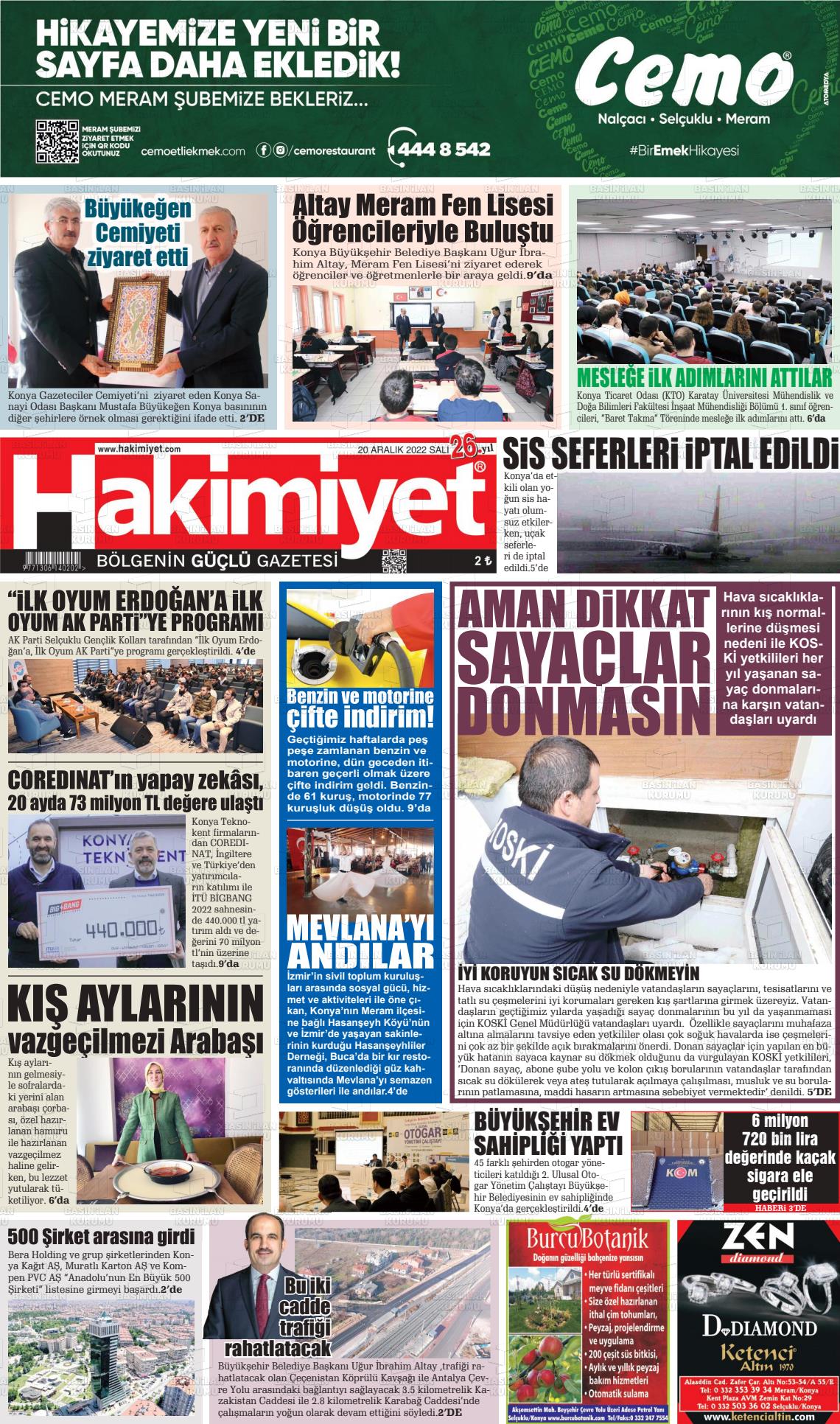 20 Aralık 2022 Konya Hakimiyet Gazete Manşeti