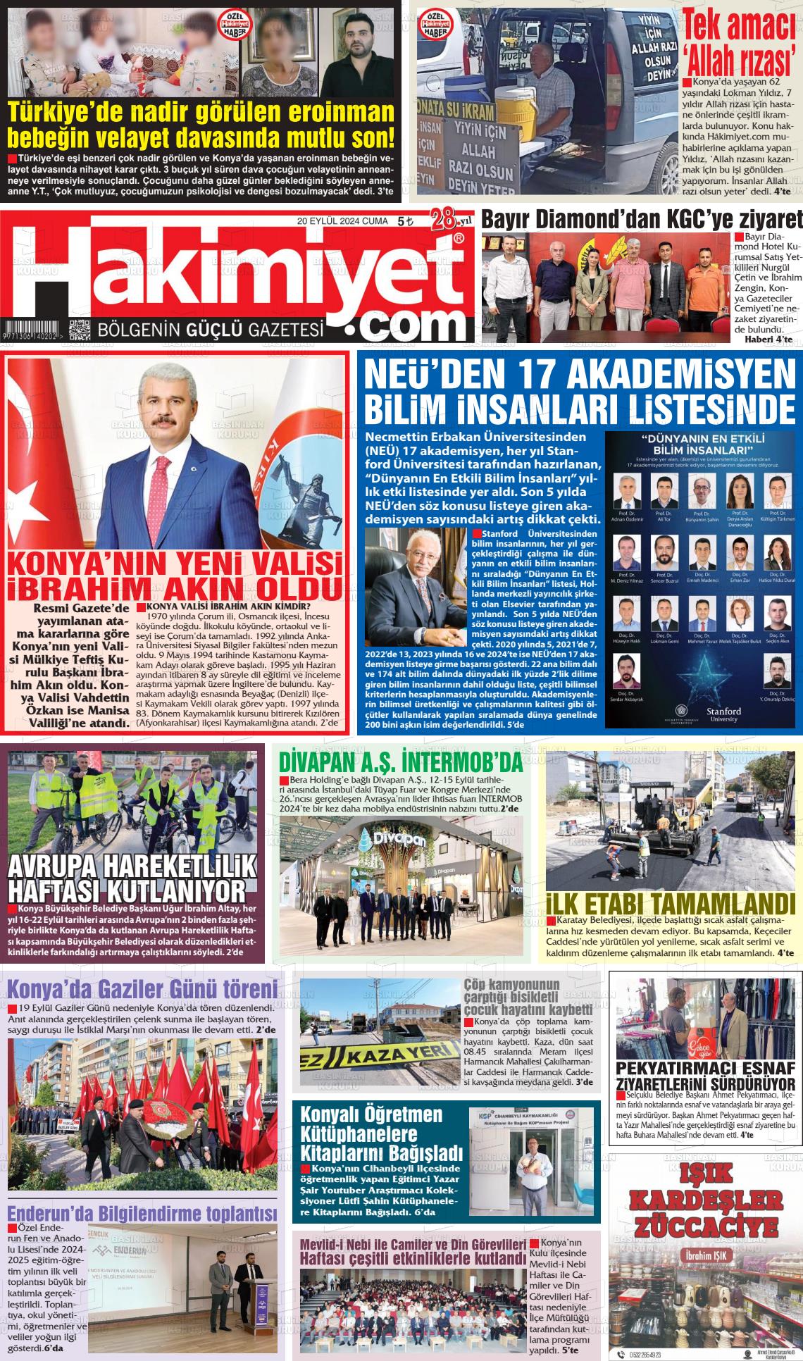 20 Eylül 2024 Konya Hakimiyet Gazete Manşeti