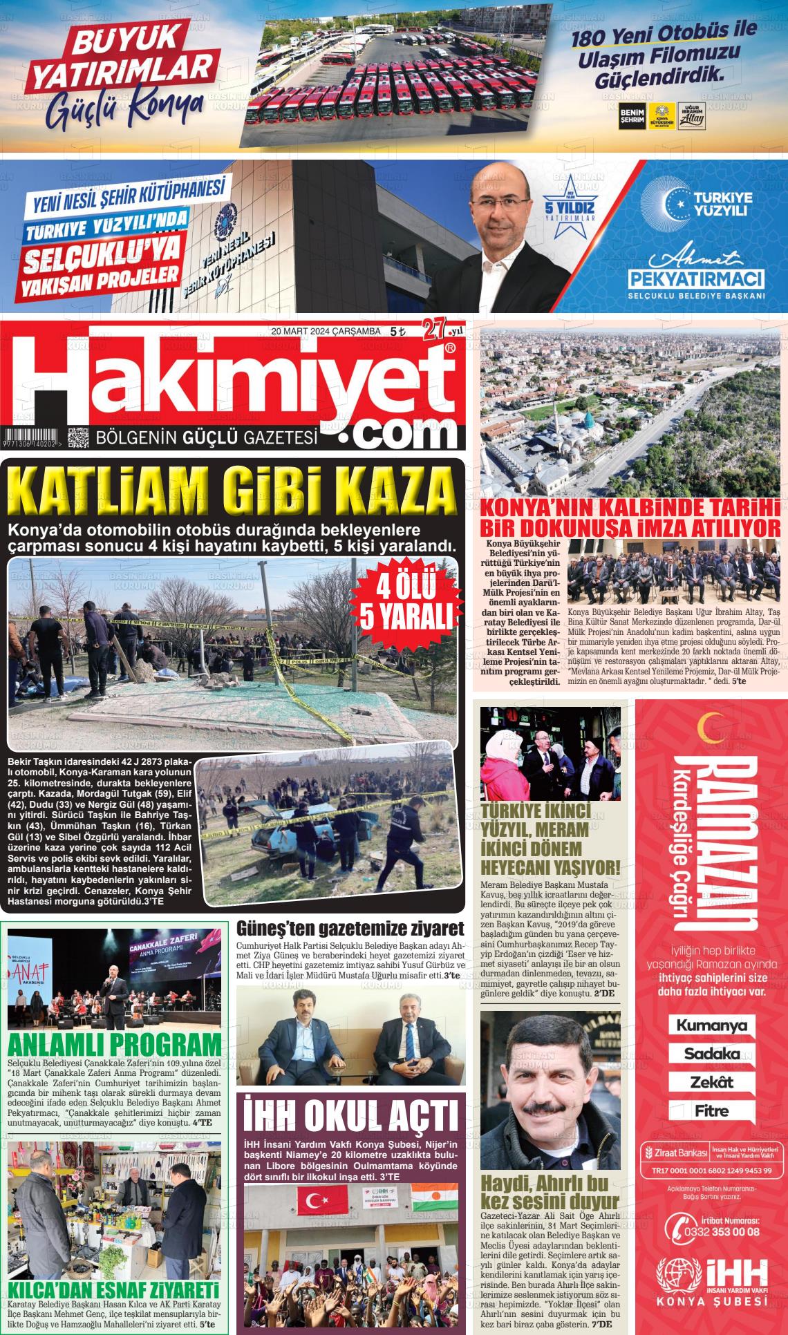 20 Mart 2024 Konya Hakimiyet Gazete Manşeti