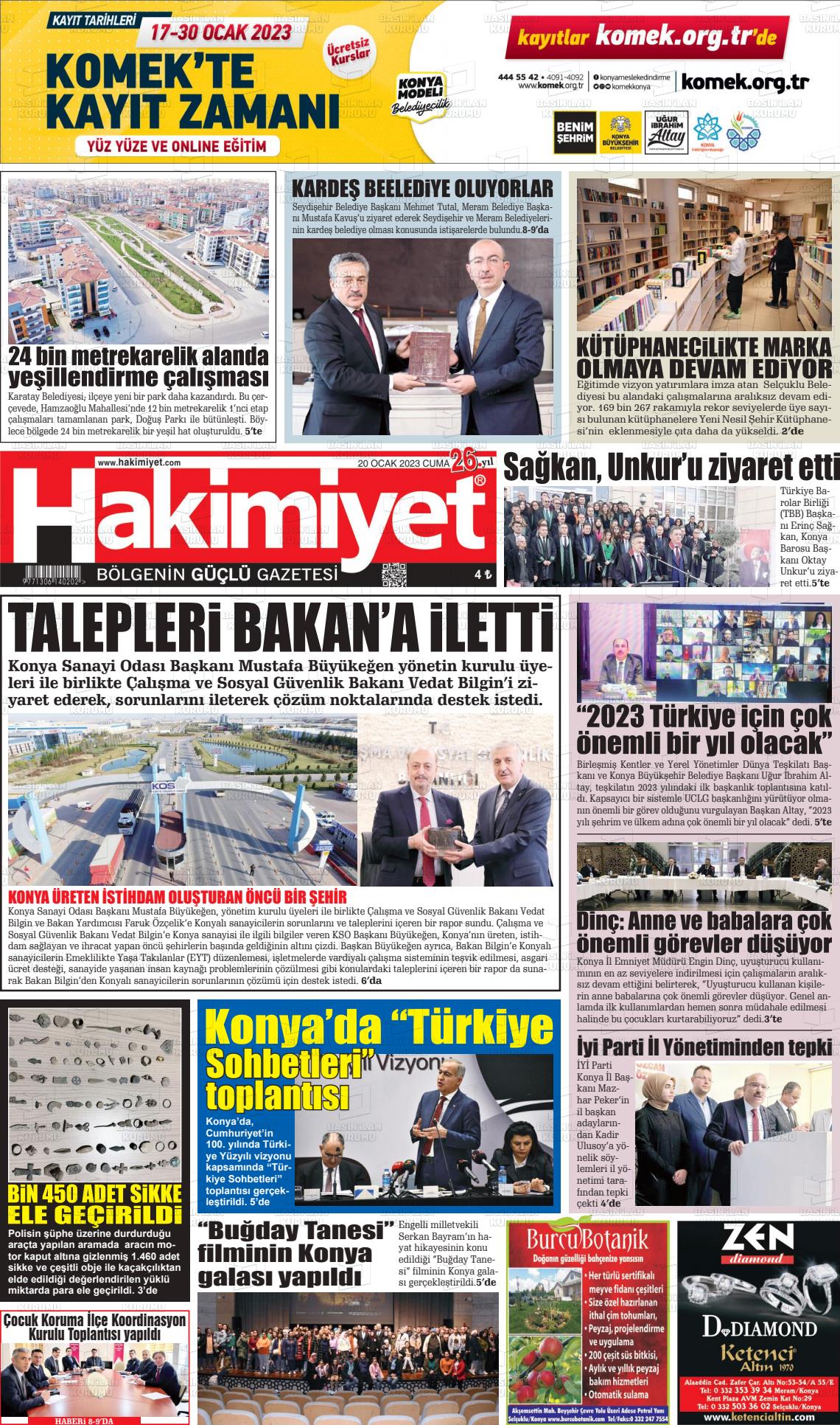 21 Ocak 2023 Konya Hakimiyet Gazete Manşeti