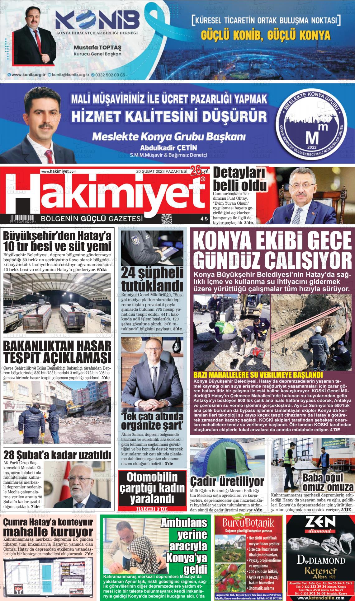 20 Nisan 2023 Konya Hakimiyet Gazete Manşeti