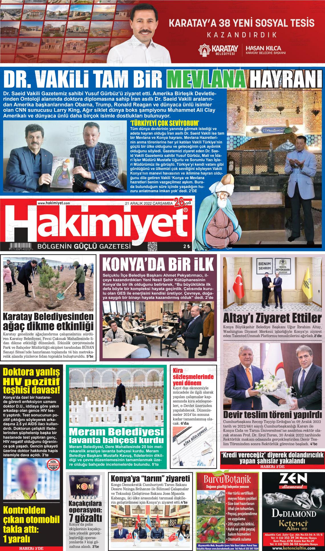 21 Aralık 2022 Konya Hakimiyet Gazete Manşeti