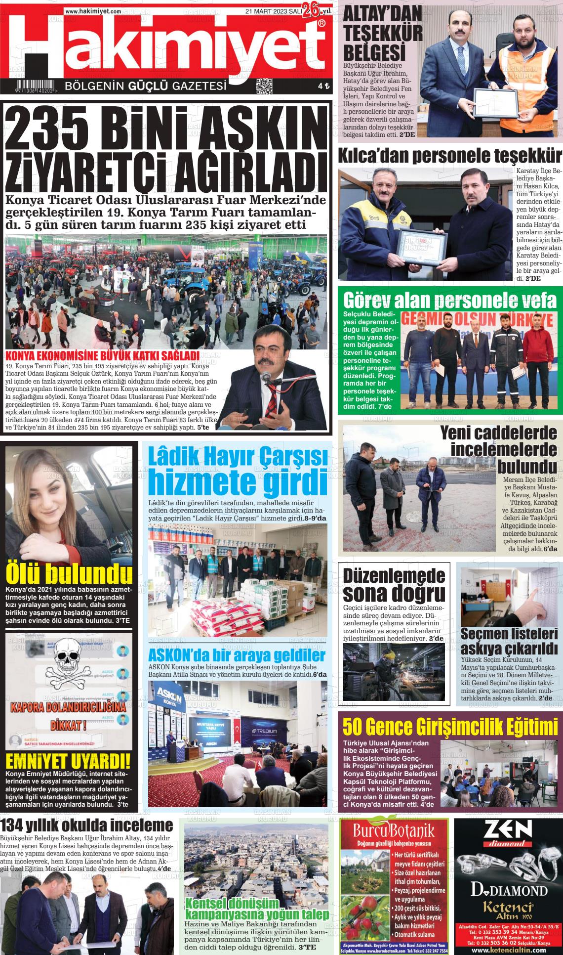 21 Mart 2023 Konya Hakimiyet Gazete Manşeti