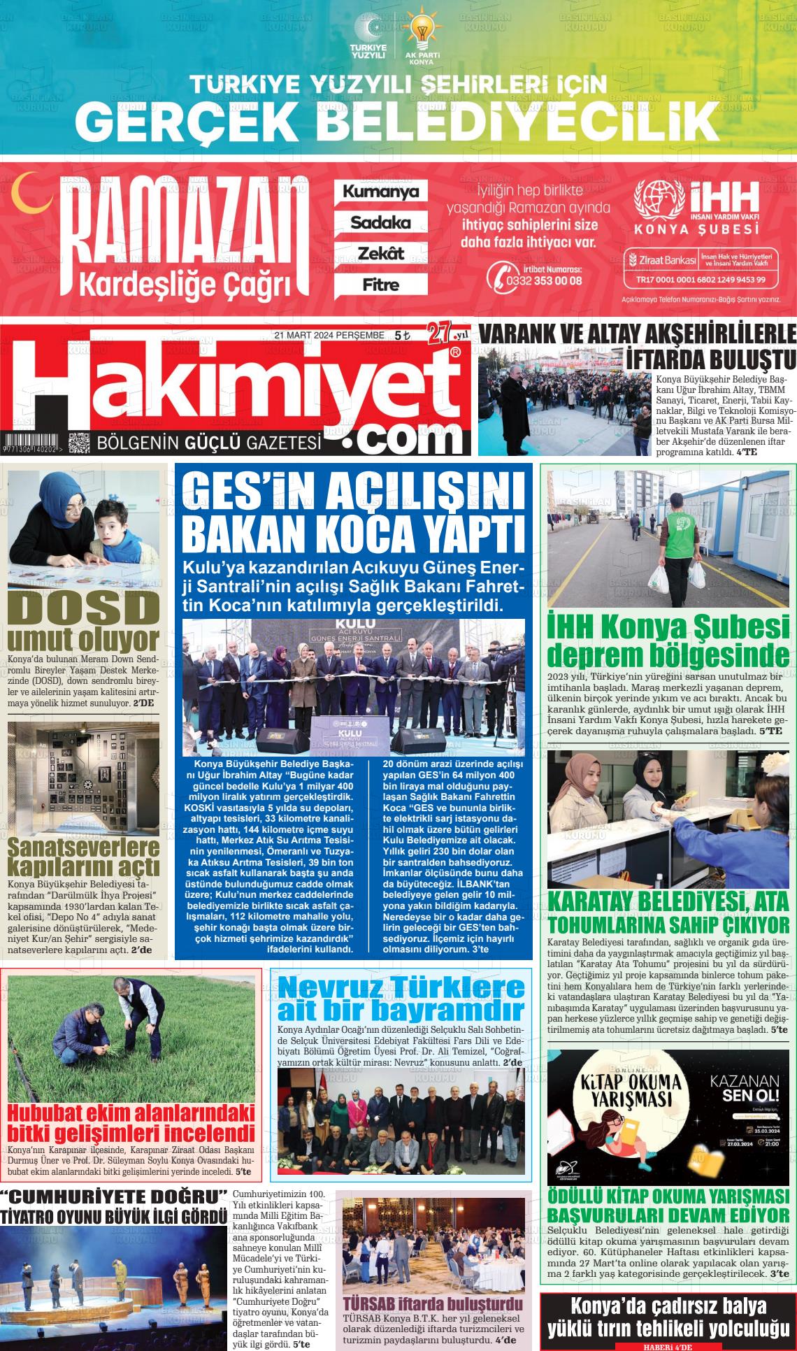 21 Mart 2024 Konya Hakimiyet Gazete Manşeti